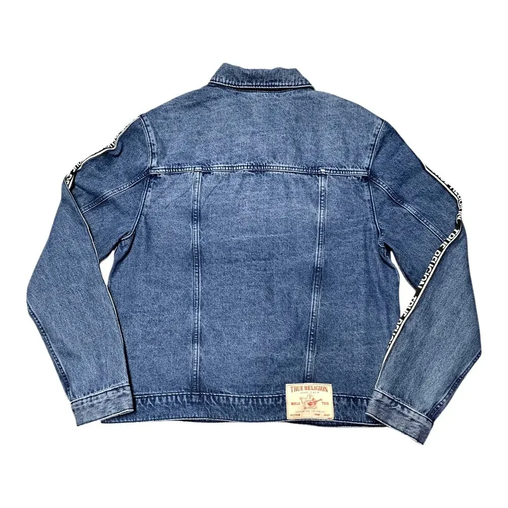 True Religion Men’s Denim Trucker Jacket Logo Taping Blue Jean Coat Large New